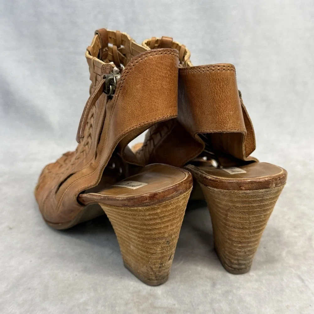 Paul Green Shoes Womens Size 6.5 Brown‎ Leather Woven Strappy Sandals Zip Heel